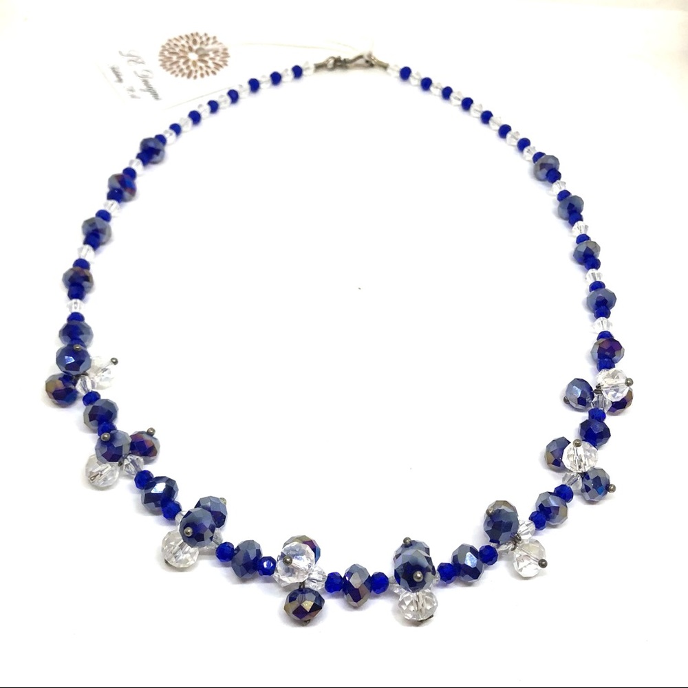 Cobalt Blue & Clear Crystal Necklace w/Sterling 19